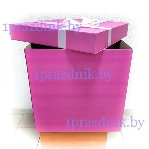 Коробка-сюрприз для воздушных шаров розовая с белой атласной лентой 5 см. и бантом 