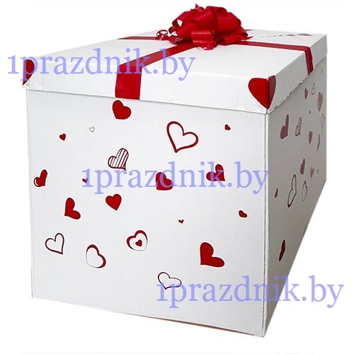 Коробка-сюрприз для воздушных шаров оформленная бантом и сердечками.