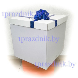 Коробка-сюрприз для воздушных шаров белая с синим бантом и лентой 5 см