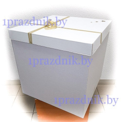 Коробка-сюрприз для воздушных шаров белая с бантом из золотой тканевой ленты