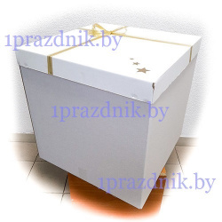 Коробка-сюрприз для воздушных шаров белая с бантом из золотой тканевой ленты